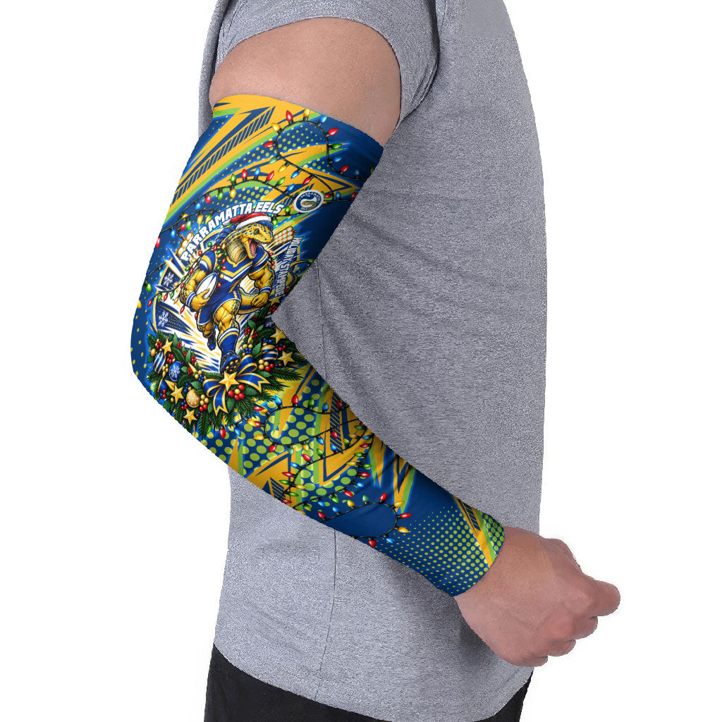 Personalized Parramatta Eels Rugby Christmas Arm Sleeves Holiday Mascot Graphic Art Festive Lights Bow