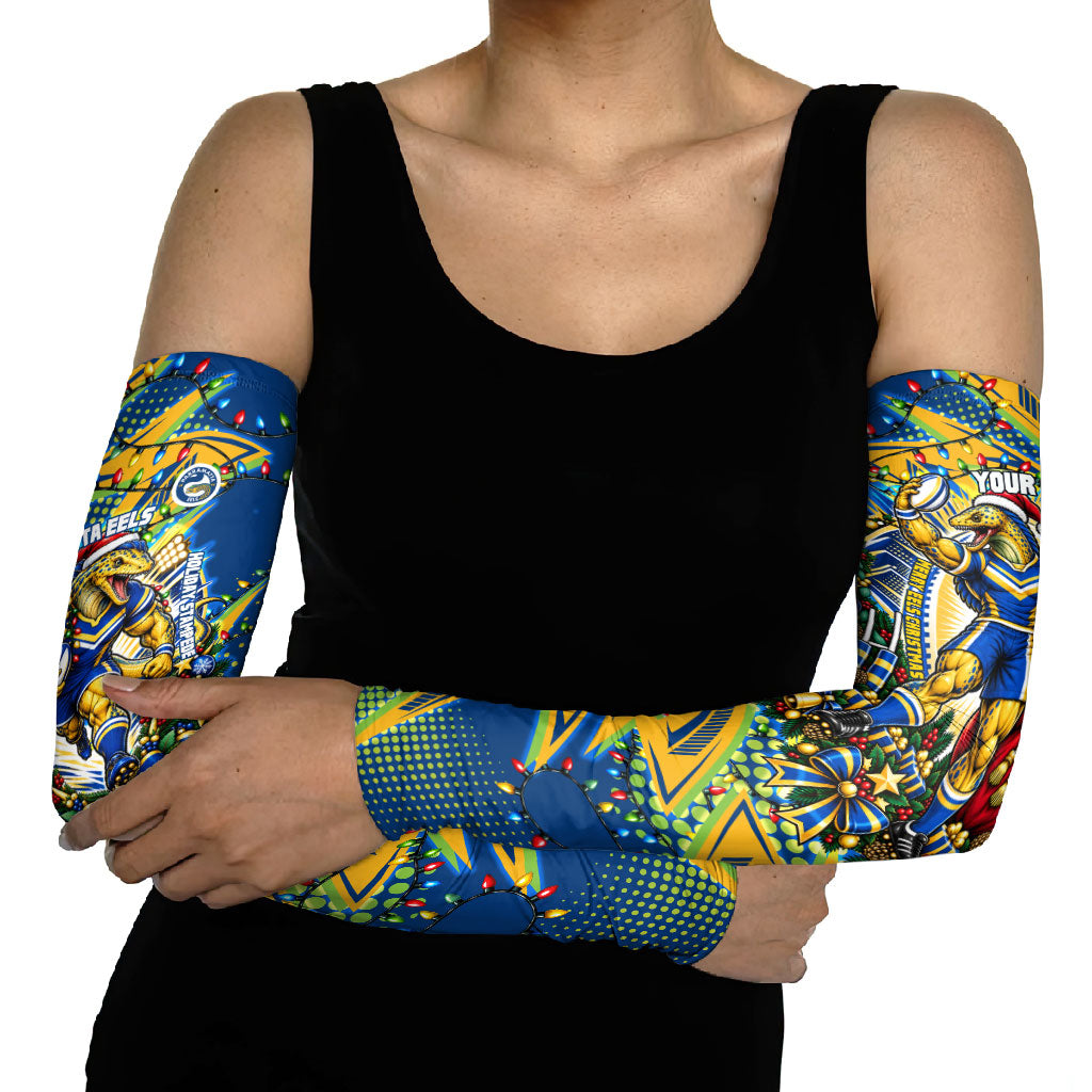 Personalized Parramatta Eels Rugby Christmas Arm Sleeves Holiday Mascot Graphic Art Festive Lights Bow
