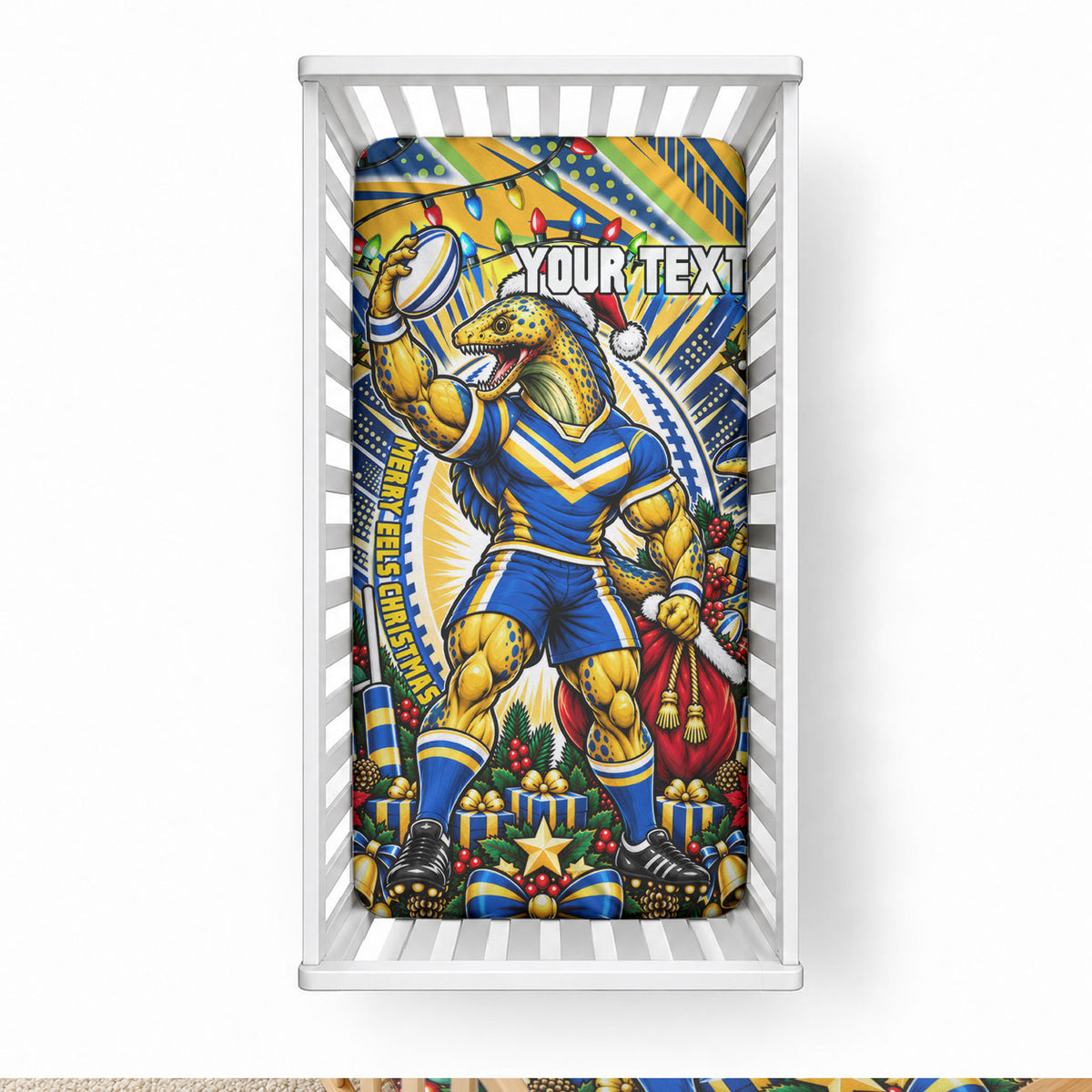 Personalized Parramatta Eels Rugby Christmas Baby Bed Cover Holiday Mascot Graphic Art Festive Lights Bow