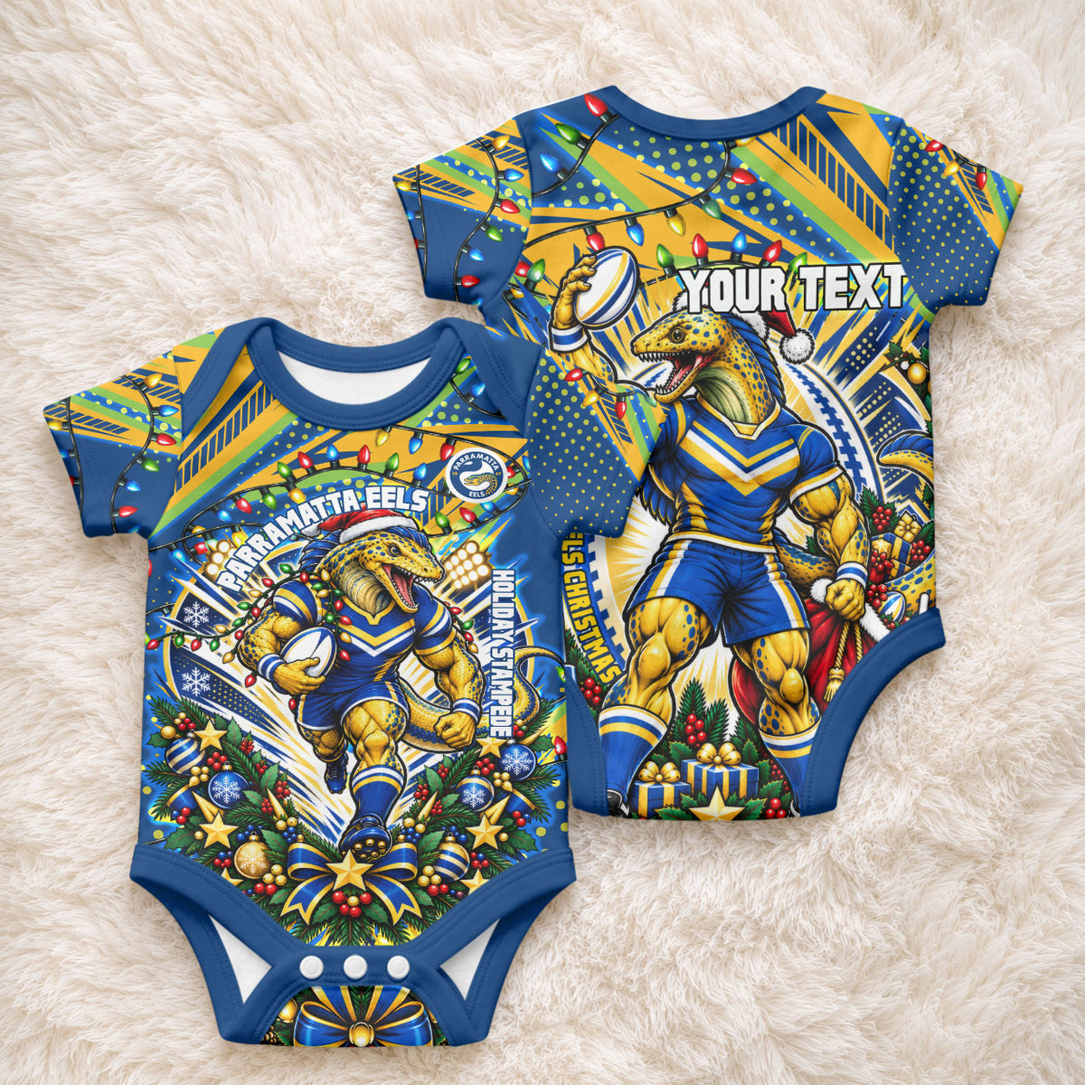 Personalized Parramatta Eels Rugby Christmas Baby Onesie Holiday Mascot Graphic Art Festive Lights Bow