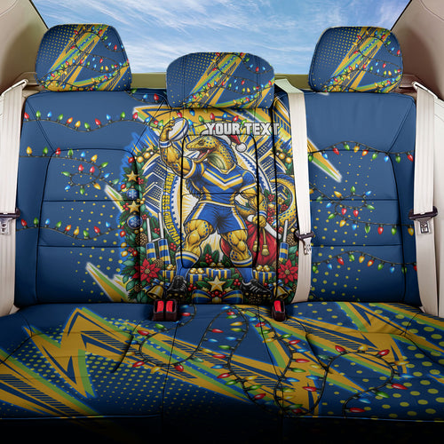 Personalized Parramatta Eels Rugby Christmas Back Car Seat Cover Holiday Mascot Graphic Art Festive Lights Bow