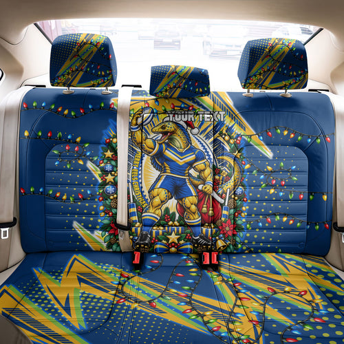 Personalized Parramatta Eels Rugby Christmas Back Car Seat Cover Holiday Mascot Graphic Art Festive Lights Bow