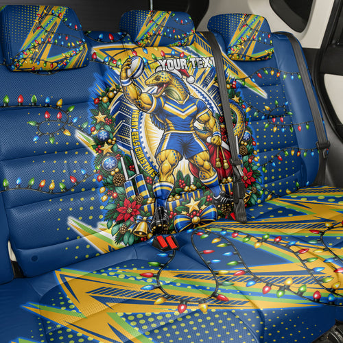 Personalized Parramatta Eels Rugby Christmas Back Car Seat Cover Holiday Mascot Graphic Art Festive Lights Bow