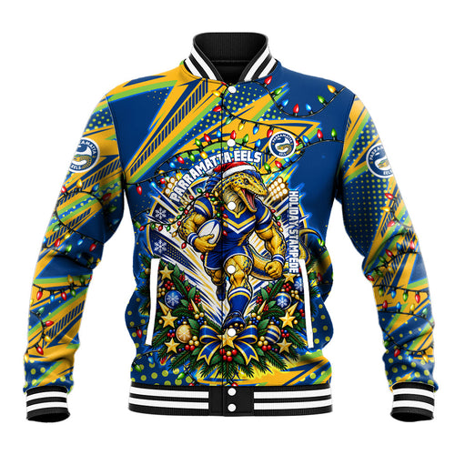 Personalized Parramatta Eels Rugby Christmas Baseball Jacket Holiday Mascot Graphic Art Festive Lights Bow