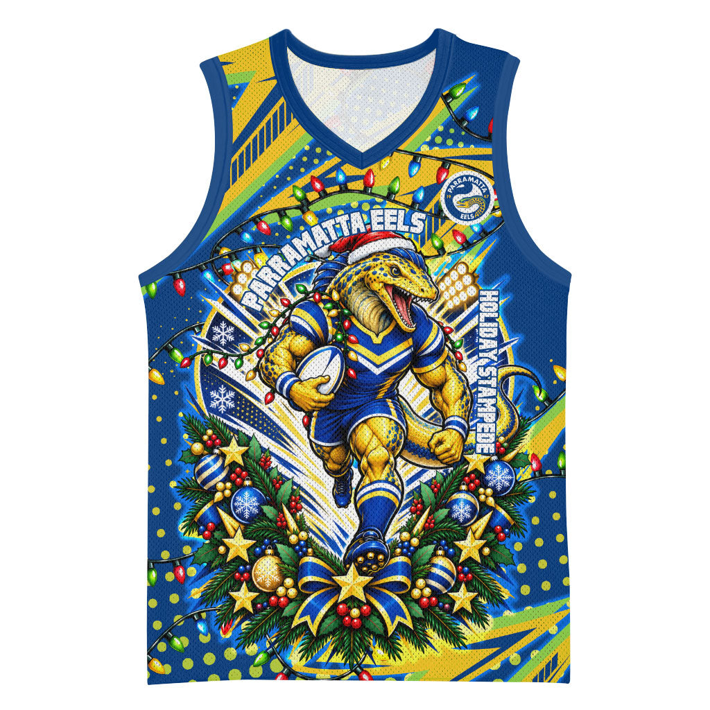Personalized Parramatta Eels Rugby Christmas Basketball Jersey Holiday Mascot Graphic Art Festive Lights Bow