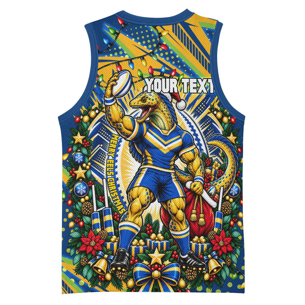 Personalized Parramatta Eels Rugby Christmas Basketball Jersey Holiday Mascot Graphic Art Festive Lights Bow