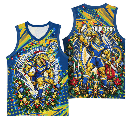 Personalized Parramatta Eels Rugby Christmas Basketball Jersey Holiday Mascot Graphic Art Festive Lights Bow