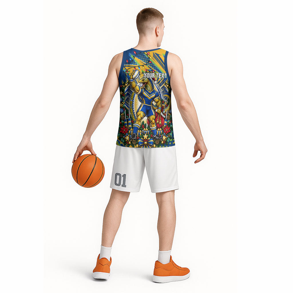 Personalized Parramatta Eels Rugby Christmas Basketball Jersey Holiday Mascot Graphic Art Festive Lights Bow