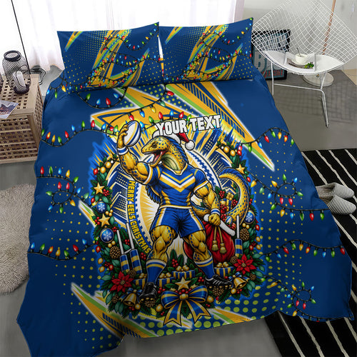 Personalized Parramatta Eels Rugby Christmas Bedding Set Holiday Mascot Graphic Art Festive Lights Bow