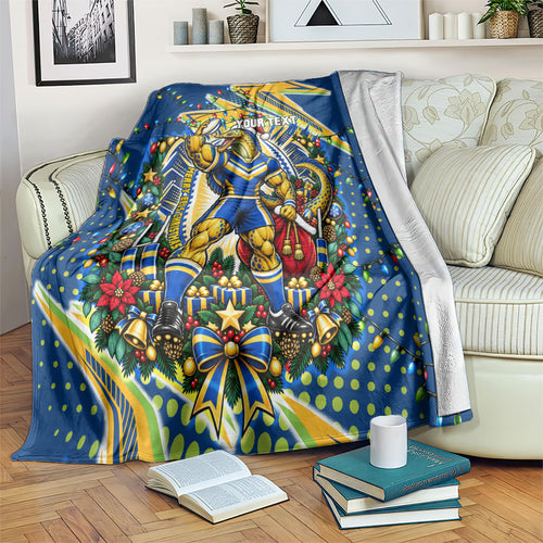 Personalized Parramatta Eels Rugby Christmas Blanket Holiday Mascot Graphic Art Festive Lights Bow