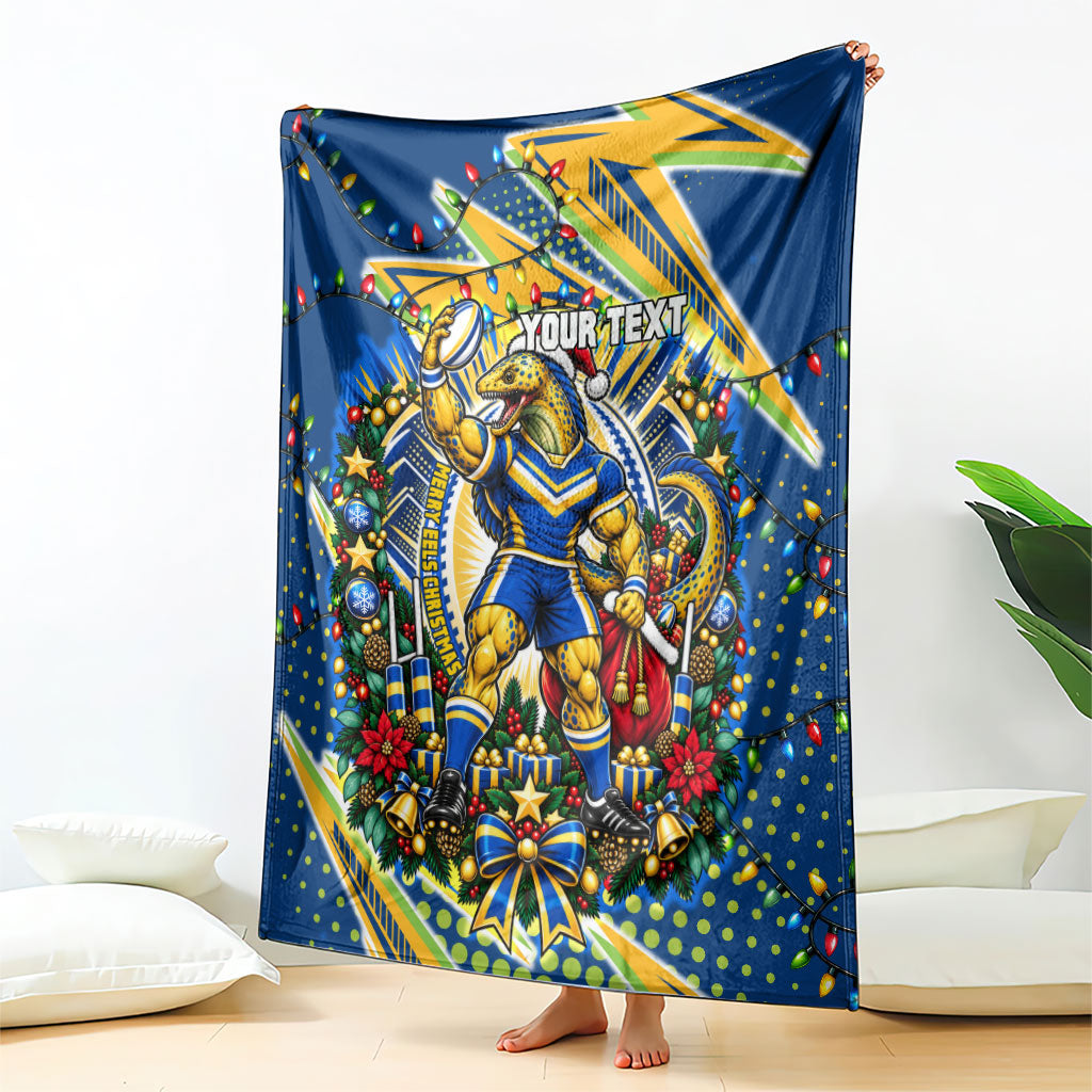 Personalized Parramatta Eels Rugby Christmas Blanket Holiday Mascot Graphic Art Festive Lights Bow