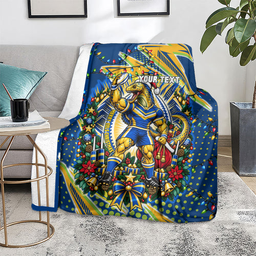 Personalized Parramatta Eels Rugby Christmas Blanket Holiday Mascot Graphic Art Festive Lights Bow
