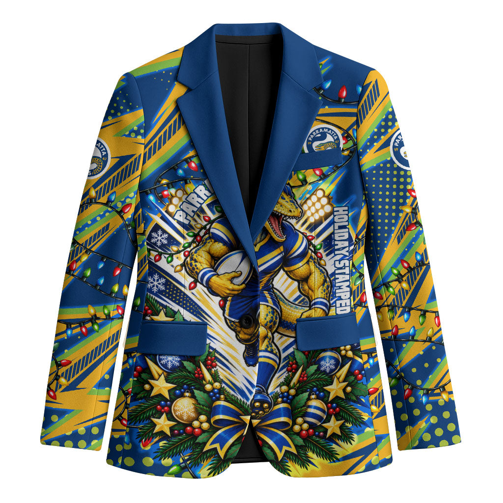 Personalized Parramatta Eels Rugby Christmas Blazer Holiday Mascot Graphic Art Festive Lights Bow