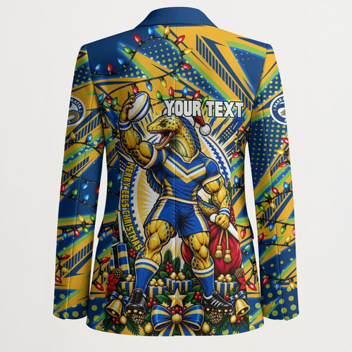 Personalized Parramatta Eels Rugby Christmas Blazer Holiday Mascot Graphic Art Festive Lights Bow