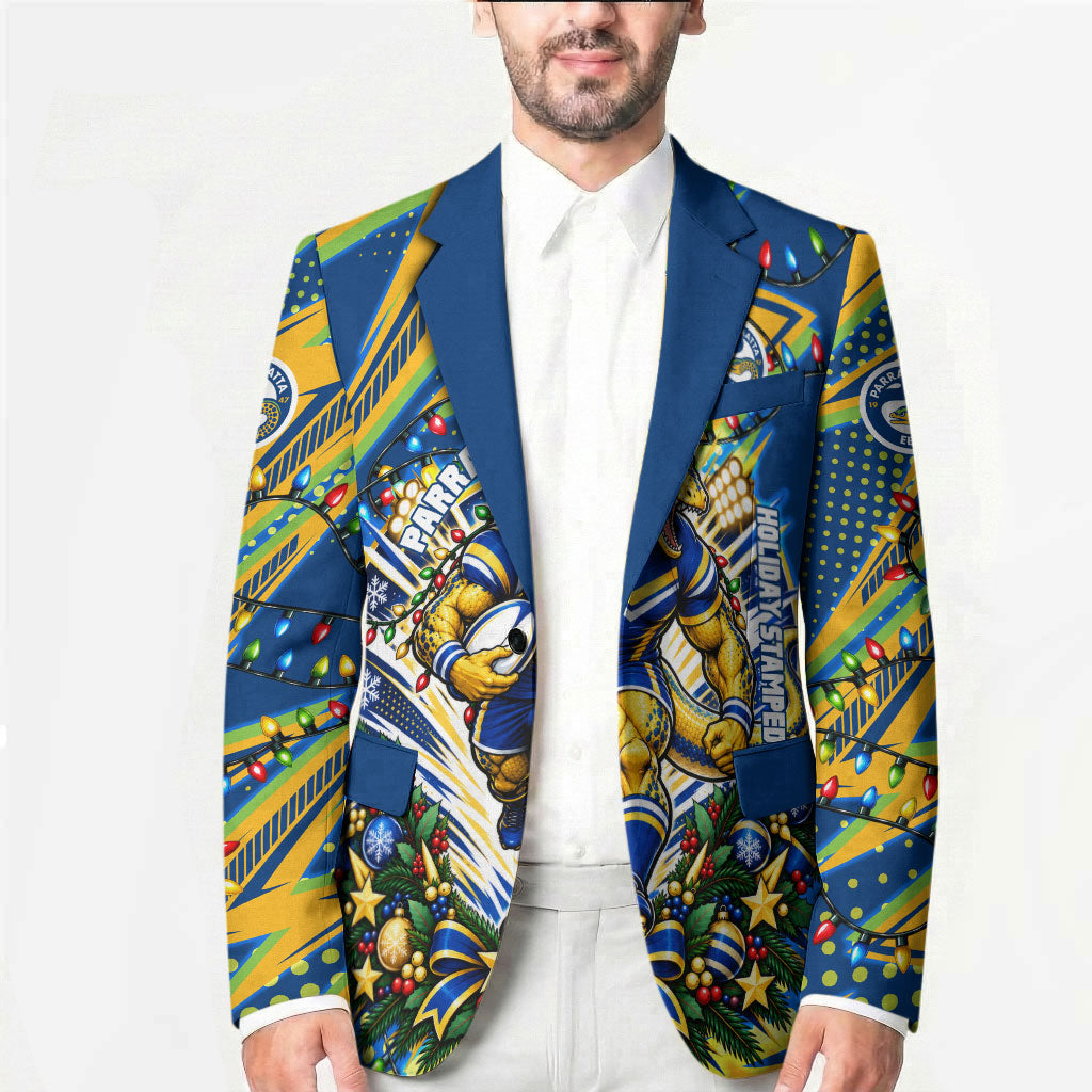Personalized Parramatta Eels Rugby Christmas Blazer Holiday Mascot Graphic Art Festive Lights Bow