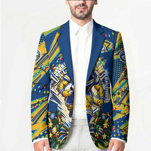 Personalized Parramatta Eels Rugby Christmas Blazer Holiday Mascot Graphic Art Festive Lights Bow