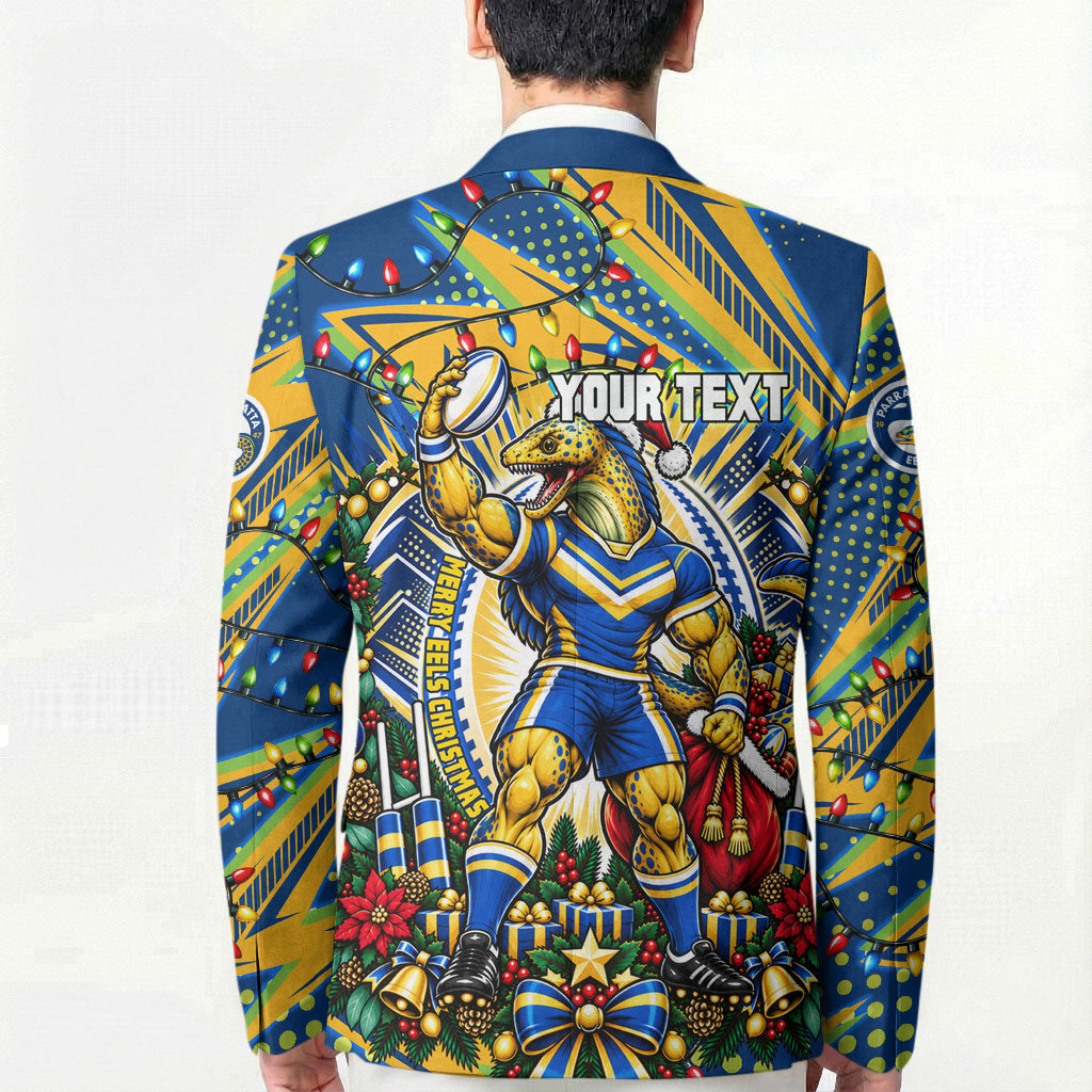 Personalized Parramatta Eels Rugby Christmas Blazer Holiday Mascot Graphic Art Festive Lights Bow