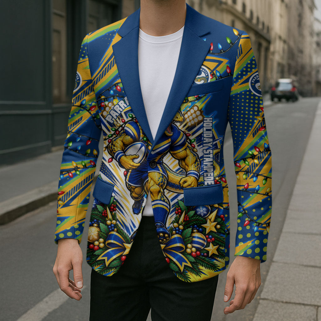 Personalized Parramatta Eels Rugby Christmas Blazer Holiday Mascot Graphic Art Festive Lights Bow