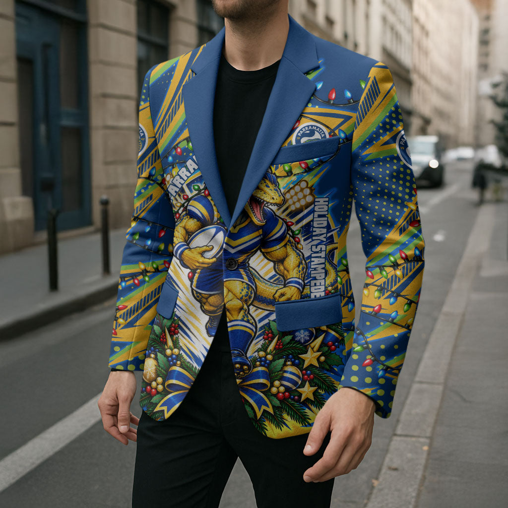 Personalized Parramatta Eels Rugby Christmas Blazer Holiday Mascot Graphic Art Festive Lights Bow
