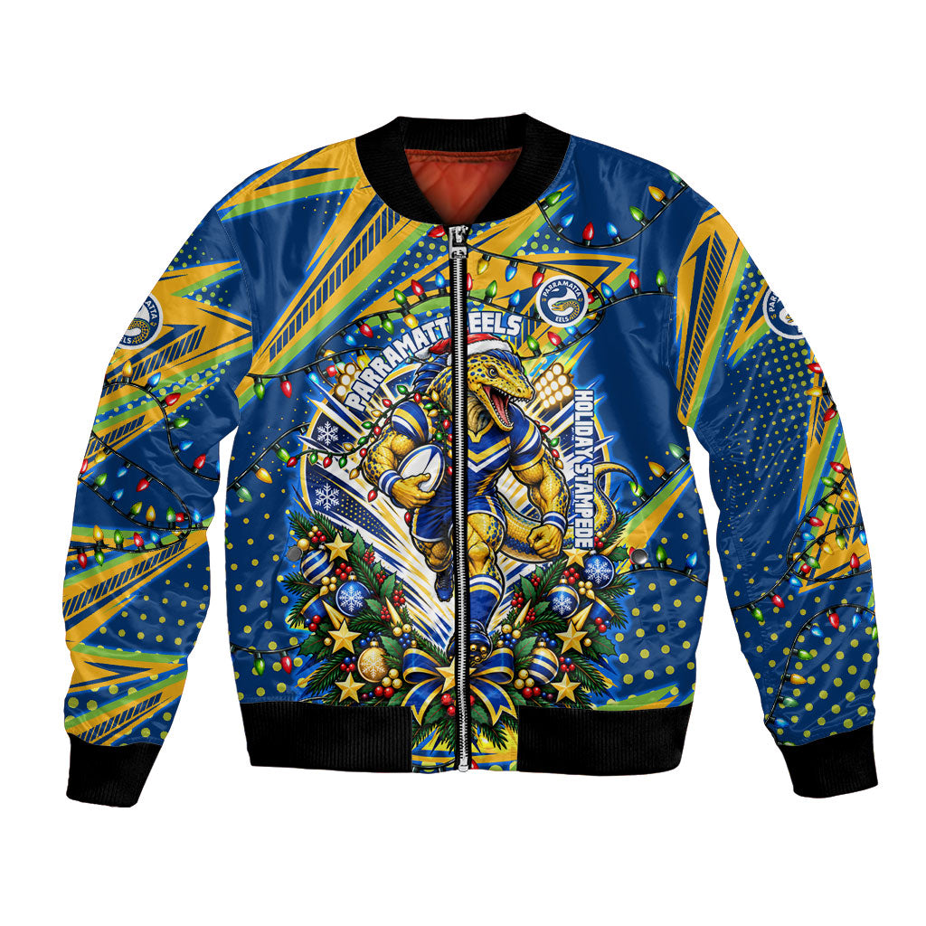 Personalized Parramatta Eels Rugby Christmas Bomber Jacket Holiday Mascot Graphic Art Festive Lights Bow