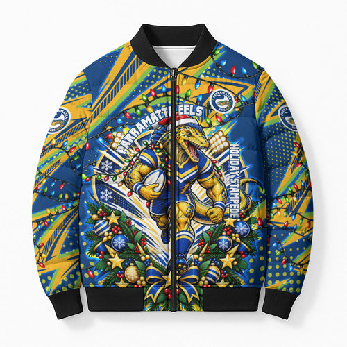 Personalized Parramatta Eels Rugby Christmas Bomber Puffer Jacket Holiday Mascot Graphic Art Festive Lights Bow