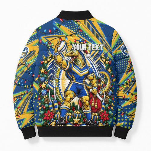 Personalized Parramatta Eels Rugby Christmas Bomber Puffer Jacket Holiday Mascot Graphic Art Festive Lights Bow