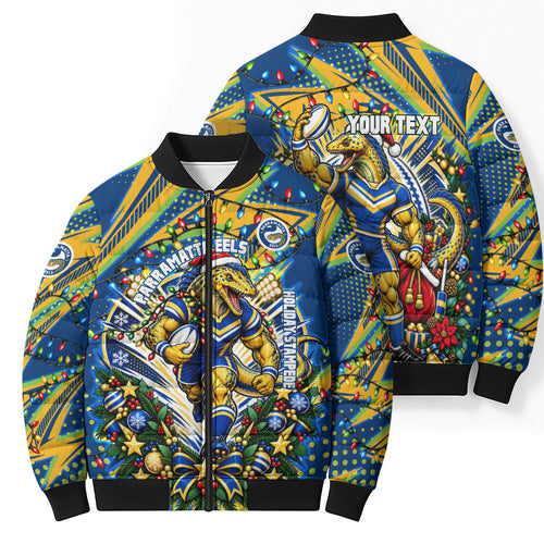 Personalized Parramatta Eels Rugby Christmas Bomber Puffer Jacket Holiday Mascot Graphic Art Festive Lights Bow