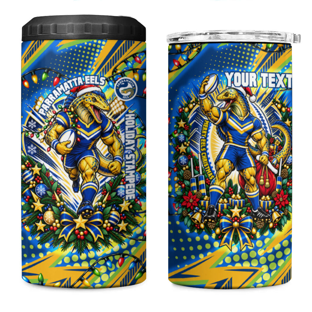 Personalized Parramatta Eels Rugby Christmas 4 in 1 Can Cooler Tumbler Holiday Mascot Graphic Art Festive Lights Bow