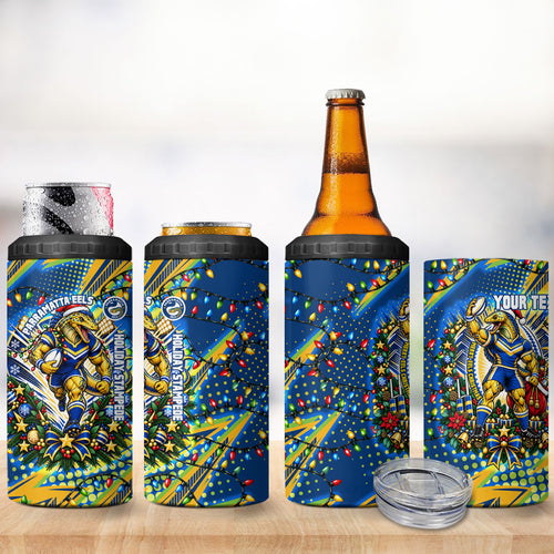 Personalized Parramatta Eels Rugby Christmas 4 in 1 Can Cooler Tumbler Holiday Mascot Graphic Art Festive Lights Bow