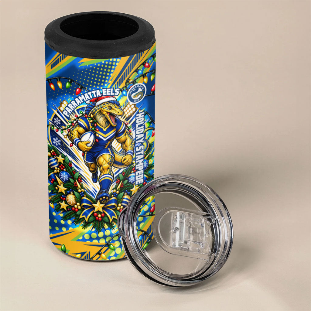 Personalized Parramatta Eels Rugby Christmas 4 in 1 Can Cooler Tumbler Holiday Mascot Graphic Art Festive Lights Bow