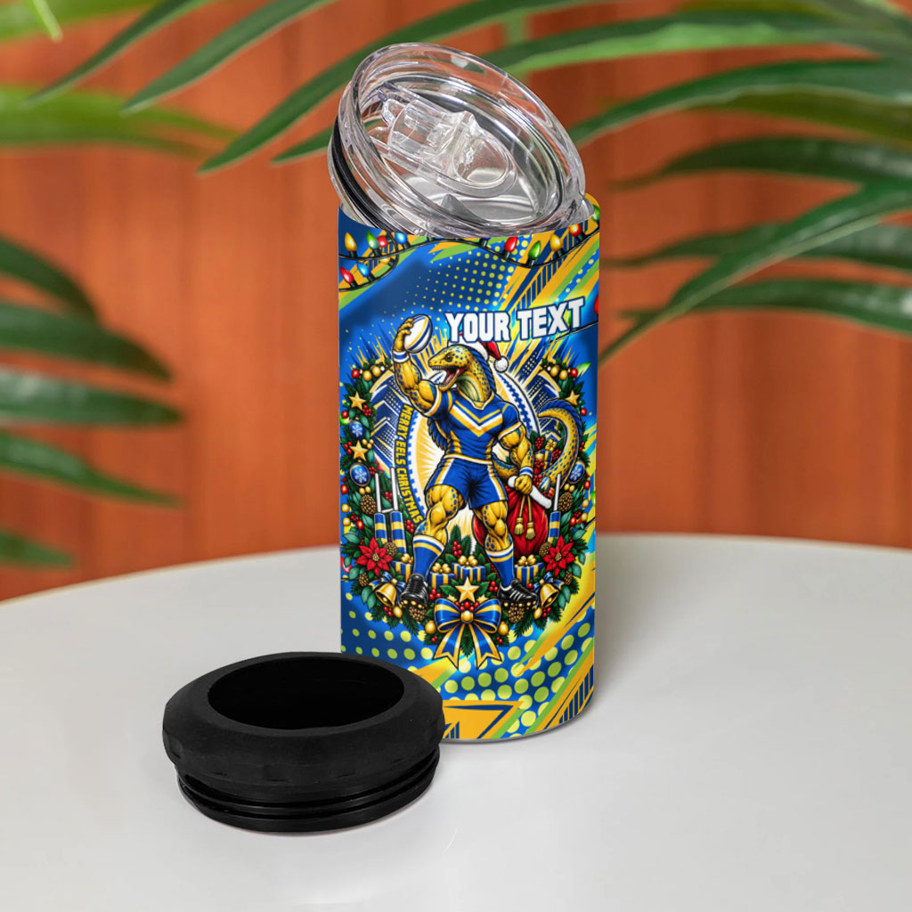 Personalized Parramatta Eels Rugby Christmas 4 in 1 Can Cooler Tumbler Holiday Mascot Graphic Art Festive Lights Bow