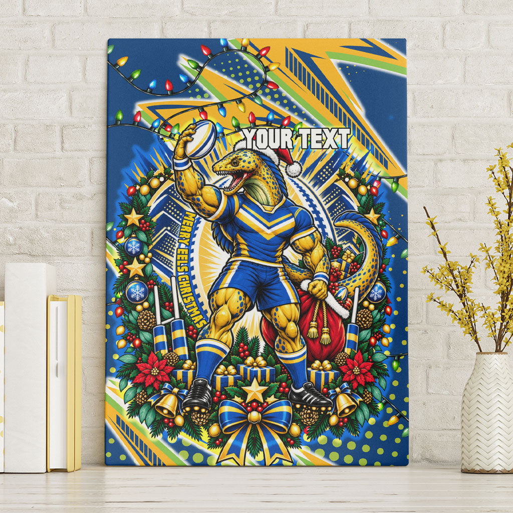 Personalized Parramatta Eels Rugby Christmas Canvas Wall Art Holiday Mascot Graphic Art Festive Lights Bow