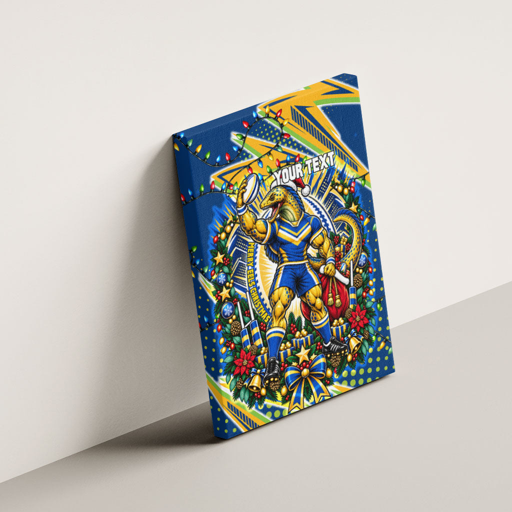Personalized Parramatta Eels Rugby Christmas Canvas Wall Art Holiday Mascot Graphic Art Festive Lights Bow