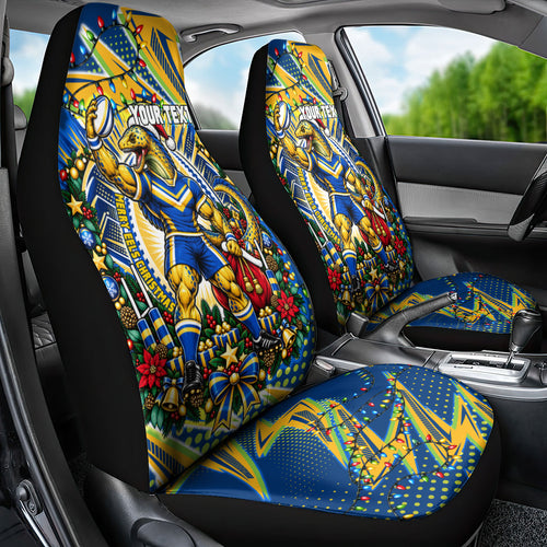 Personalized Parramatta Eels Rugby Christmas Car Seat Cover Holiday Mascot Graphic Art Festive Lights Bow