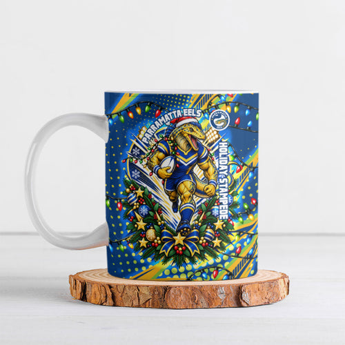 Personalized Parramatta Eels Rugby Christmas Ceramic Mug Holiday Mascot Graphic Art Festive Lights Bow