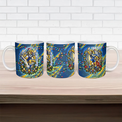 Personalized Parramatta Eels Rugby Christmas Ceramic Mug Holiday Mascot Graphic Art Festive Lights Bow