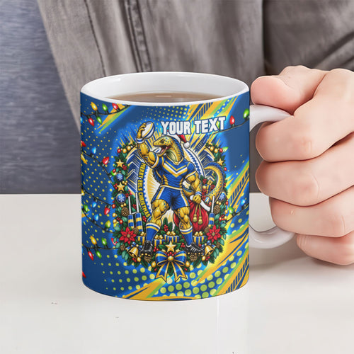 Personalized Parramatta Eels Rugby Christmas Ceramic Mug Holiday Mascot Graphic Art Festive Lights Bow