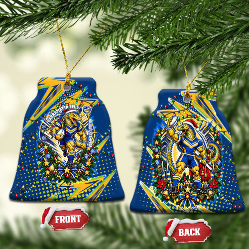 Parramatta Eels Rugby Christmas Ceramic Ornament Holiday Mascot Graphic Art Festive Lights Bow