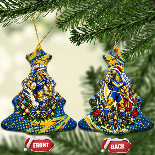 Parramatta Eels Rugby Christmas Ceramic Ornament Holiday Mascot Graphic Art Festive Lights Bow