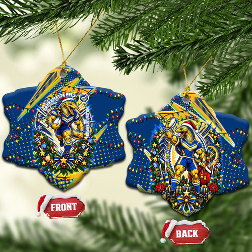 Parramatta Eels Rugby Christmas Ceramic Ornament Holiday Mascot Graphic Art Festive Lights Bow