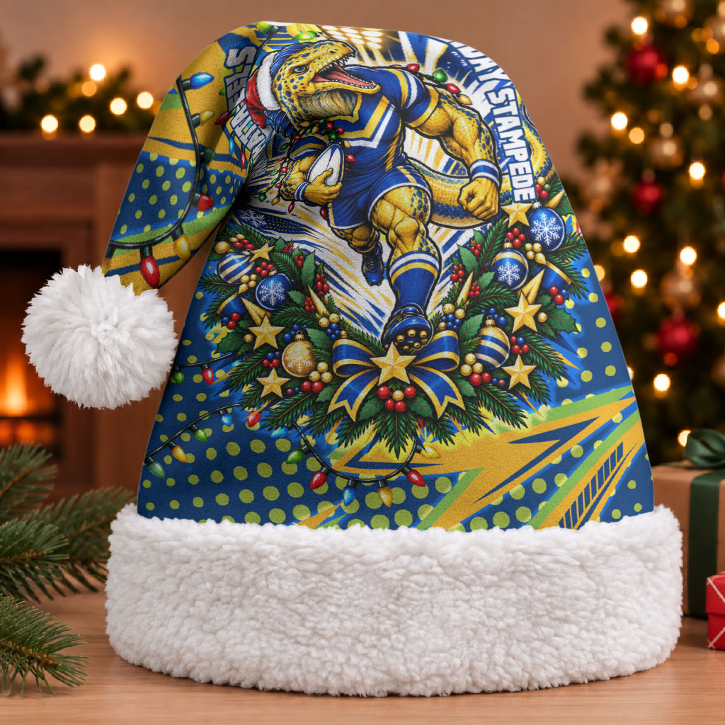 Parramatta Eels Rugby Christmas Santa Hat Holiday Mascot Graphic Art Festive Lights Bow