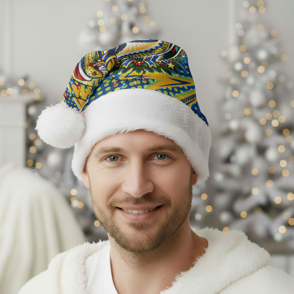 Parramatta Eels Rugby Christmas Santa Hat Holiday Mascot Graphic Art Festive Lights Bow