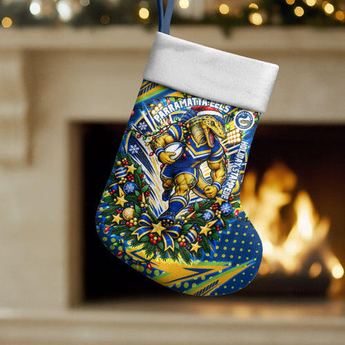 Parramatta Eels Rugby Christmas Stocking Holiday Mascot Graphic Art Festive Lights Bow