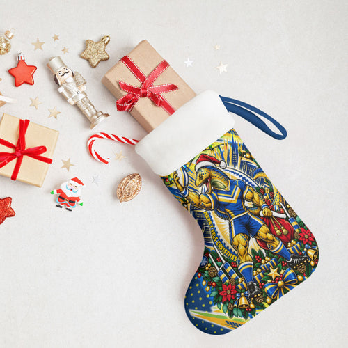 Parramatta Eels Rugby Christmas Stocking Holiday Mascot Graphic Art Festive Lights Bow
