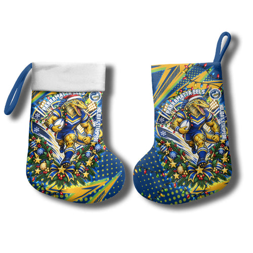 Parramatta Eels Rugby Christmas Stocking Holiday Mascot Graphic Art Festive Lights Bow