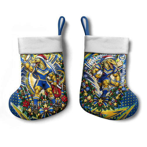 Parramatta Eels Rugby Christmas Stocking Holiday Mascot Graphic Art Festive Lights Bow