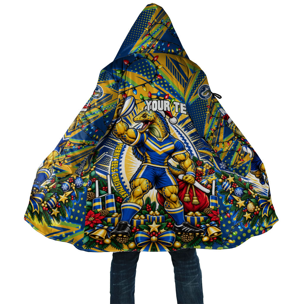 Personalized Parramatta Eels Rugby Christmas Cloak Holiday Mascot Graphic Art Festive Lights Bow