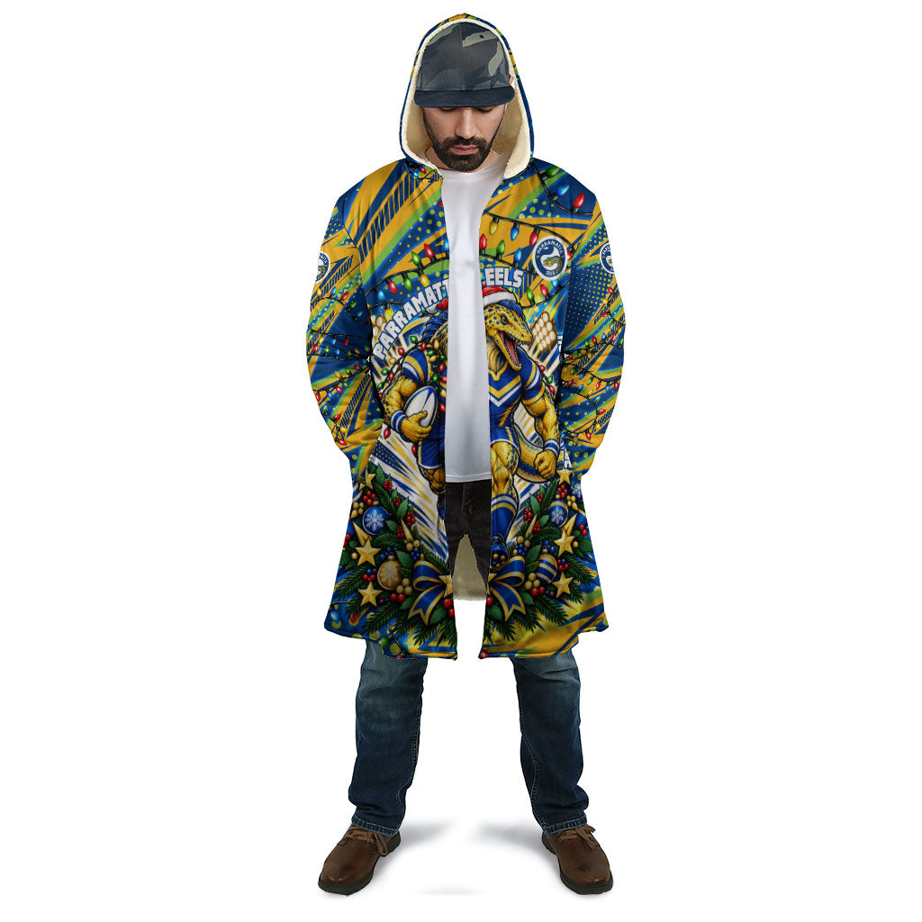 Personalized Parramatta Eels Rugby Christmas Cloak Holiday Mascot Graphic Art Festive Lights Bow