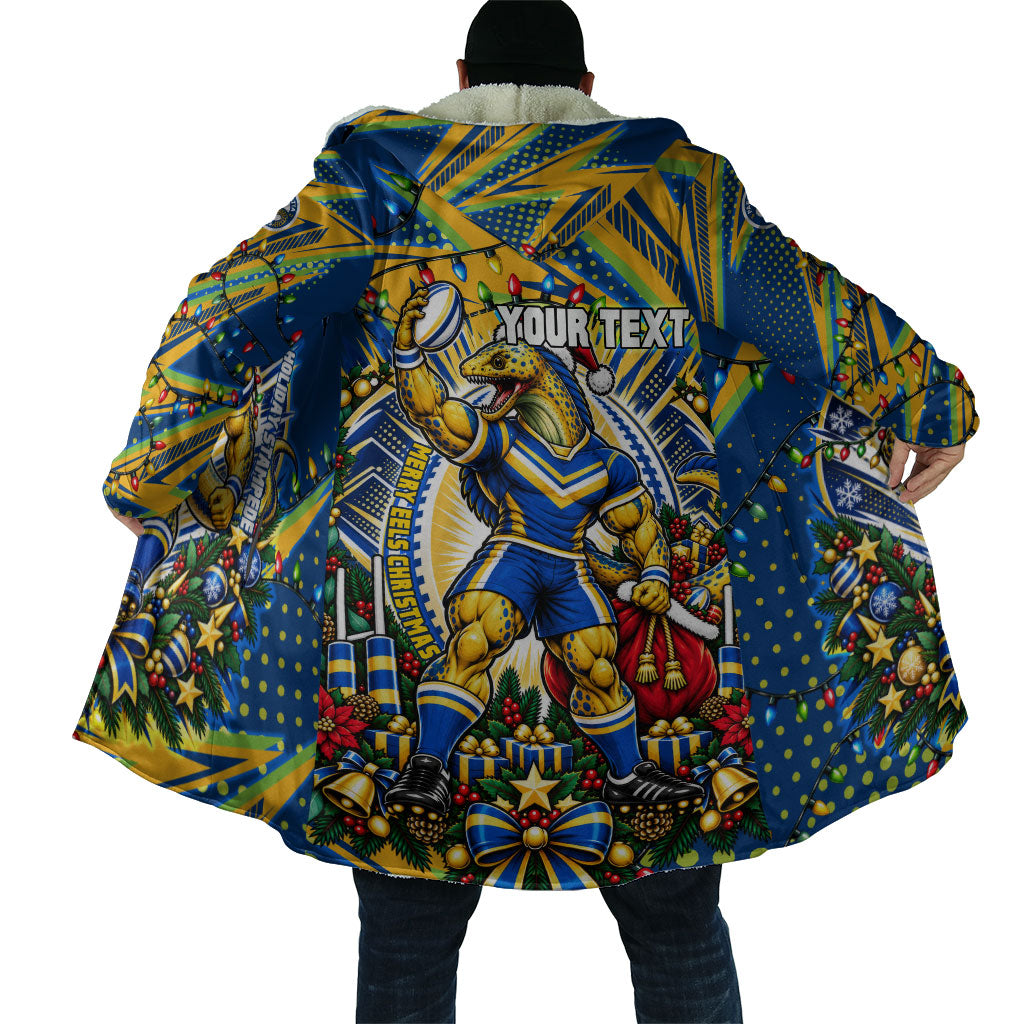 Personalized Parramatta Eels Rugby Christmas Cloak Holiday Mascot Graphic Art Festive Lights Bow