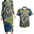 Personalized Parramatta Eels Rugby Christmas Couples Matching Long Sleeve Bodycon Dress and Hawaiian Shirt Holiday Mascot Graphic Art Festive Lights Bow